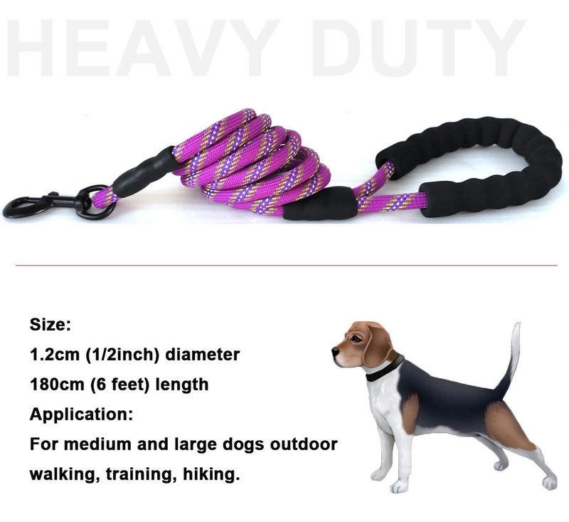 MayPaw Heavy Duty Rope Dog Leash, 6/8/10/15/20 FT Long Nylon Pet Leash, Soft Padded Handle Thick Lead Leashes for Large Medium Dogs Walking Recall Training (6ft * 1/2", Purple) - Image 3
